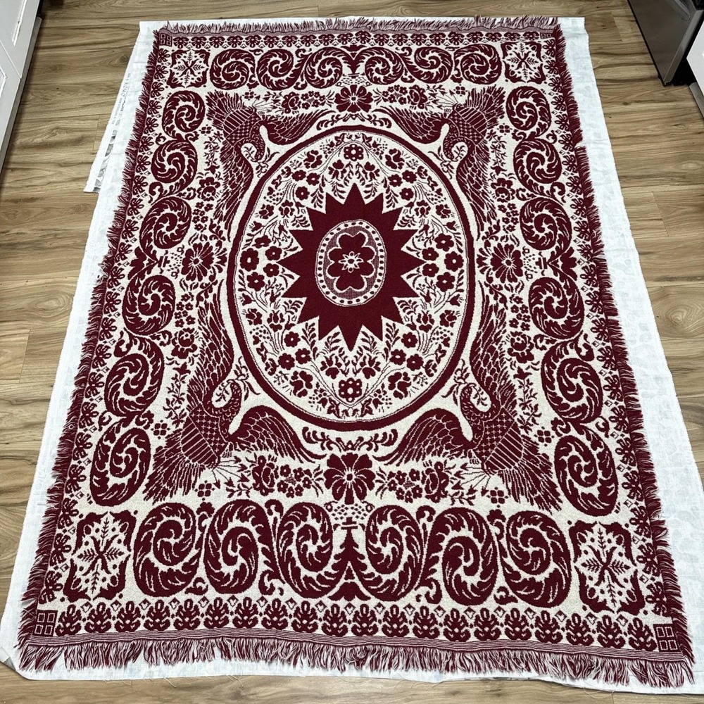 Vintage Goodwin Weavers Burgundy White Jacquard Throw Wool Blanket  W/Firebird